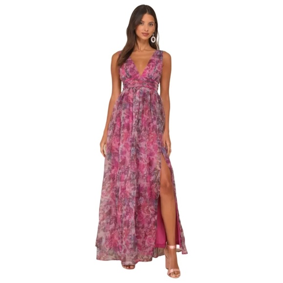 Lulus NWT Garden Romance Magenta Floral Print Organza Maxi Dress SMALL - Picture 1 of 15